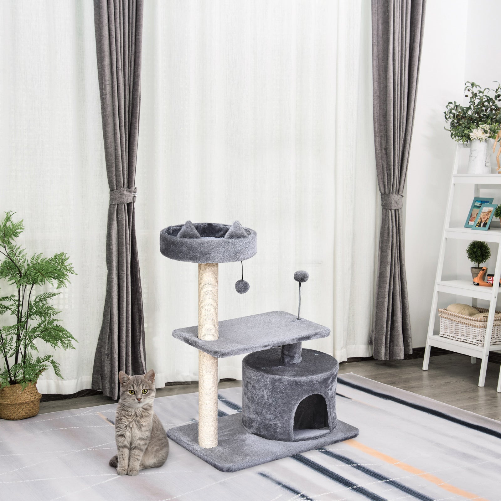 PawHut Cat Tree for Indoor Cats with Scratching Post Climbing Tower Kitty Activity Centre Condo Perch Jumping Platforms Grey 60L x 40W x 81H cm 