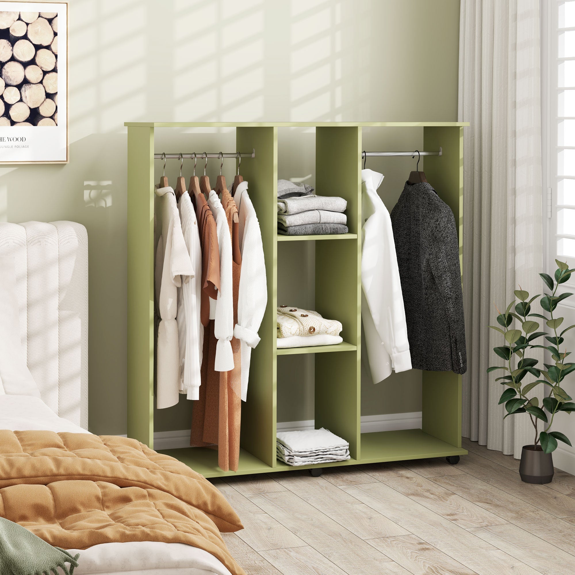 HOMCOM Open Wardrobe Double Mobile Storage Shelves Organizer W/6 Wheels-Green 