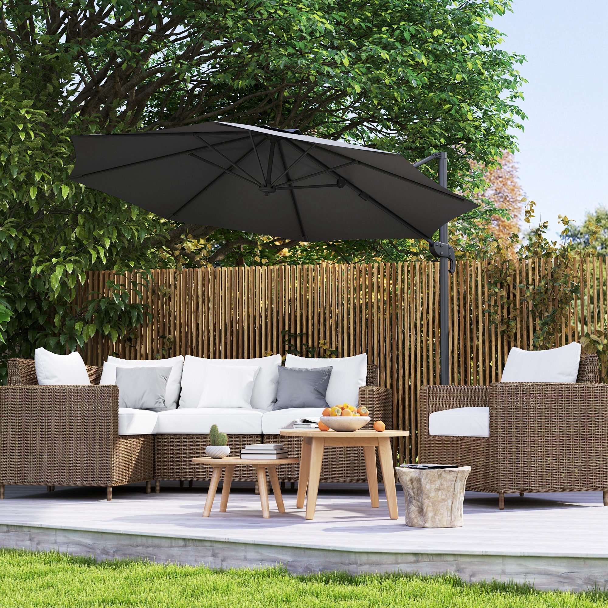 Outsunny 3 x 3(m) Cantilever Parasol with Cross Base, Garden Umbrella with 360° Rotation, Crank Handle and Tilt for Outdoor, Black 