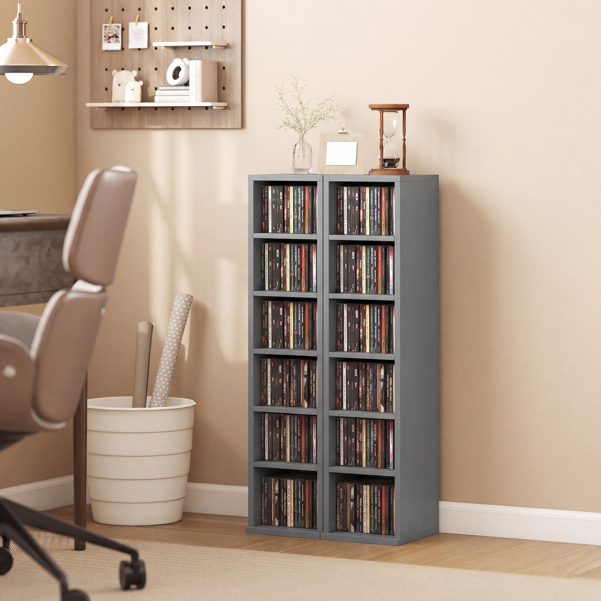 HOMCOM Set of 2 CD Media Display Shelf Unit Tower Rack with Adjustable Shelves, Light Grey 