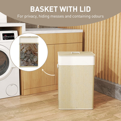 HOMCOM Bamboo Laundry Basket with Lid, 72L Laundry Hamper with Rope Handles, Washing Basket with Removable Washable Liner Bag for Bathroom, Bedroom, Nature Wood Finish 