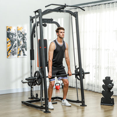 SPORTNOW 3 In 1 Smith Machine with Dual Cable Pulley System, Chest Press Station, 17-Level Squat Rack and Barbell Bar 