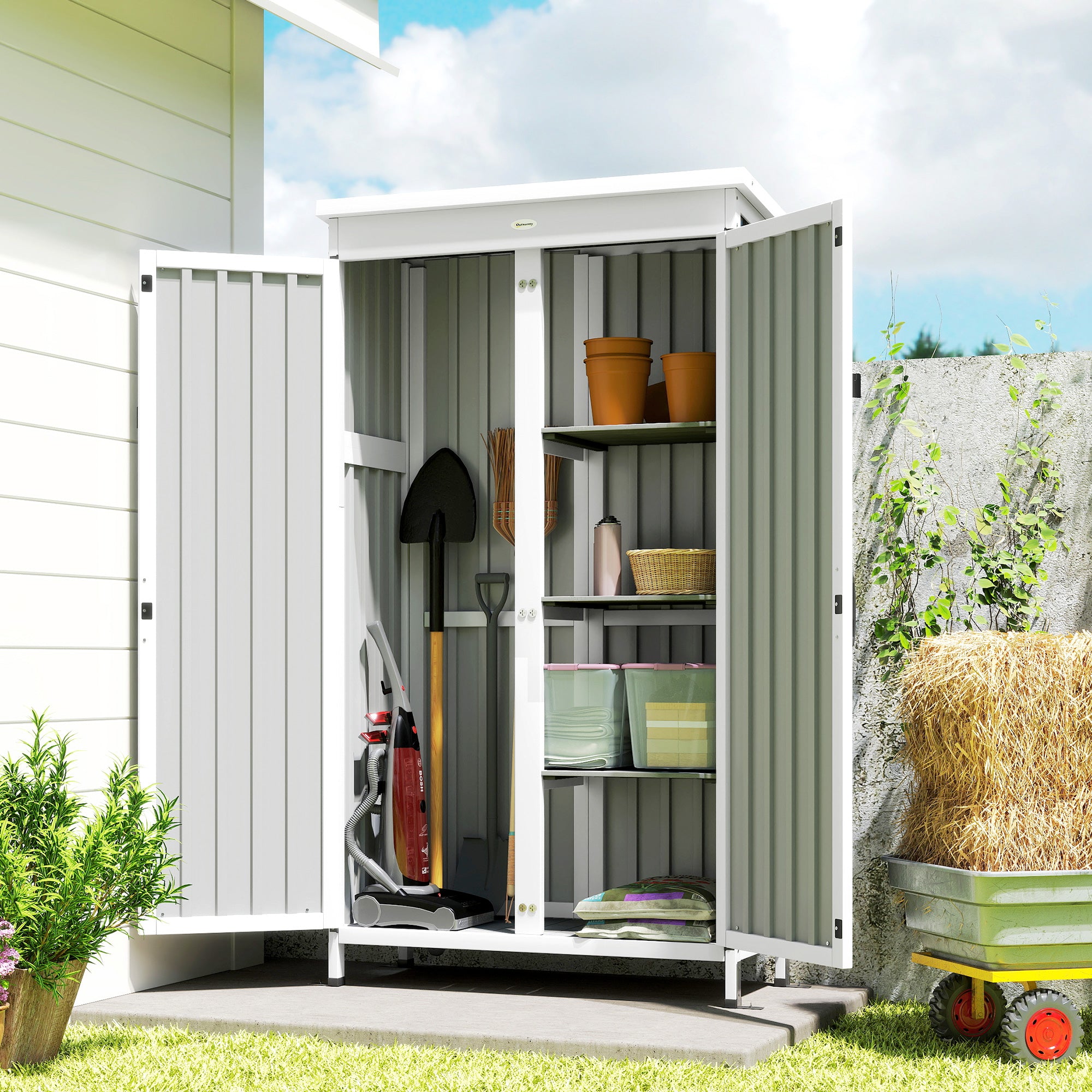 Outsunny Outdoor Storage Cabinet with Removable Shelves, Garden Tool Shed with Asphalt Roof, White and Black 