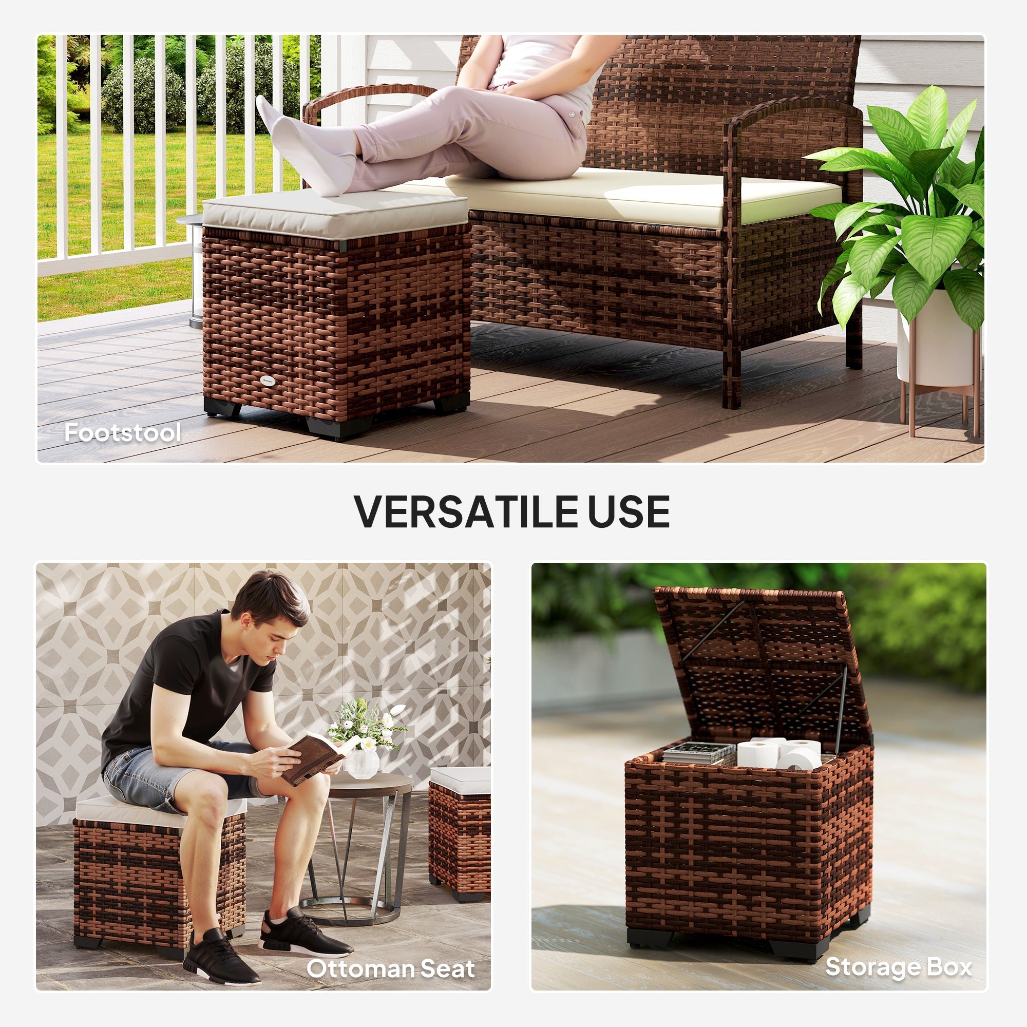 Outsunny Set of 2 Rattan Storage Ottoman, Outdoor Footstool with Removable Cushions, Garden Storage Seat for Balcony, Poolside, Living Room, Beige 