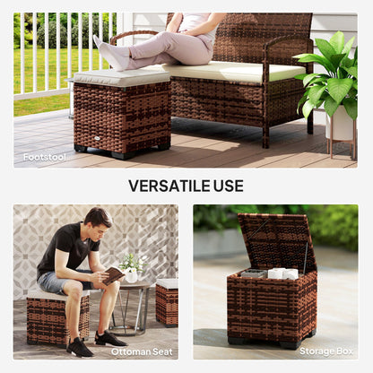 Outsunny Set of 2 Rattan Storage Ottoman, Outdoor Footstool with Removable Cushions, Garden Storage Seat for Balcony, Poolside, Living Room, Beige 