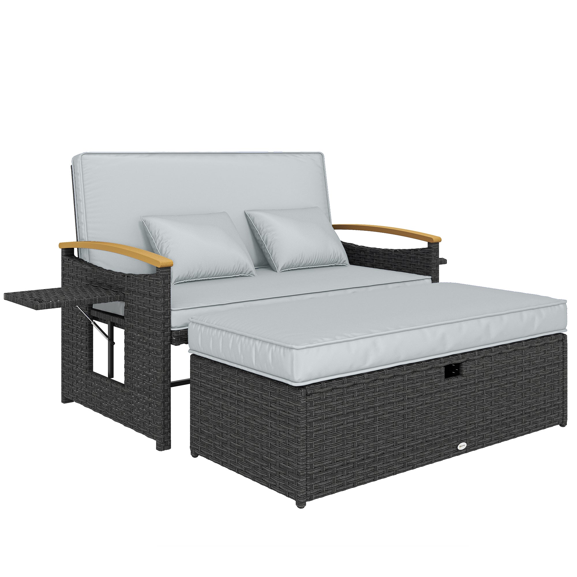Outsunny Double Garden Rattan Daybed, Wicker Sun Bed Chaise Lounger with Storage Ottoman, 4-Level Adjustable Backrest, Dark Grey 