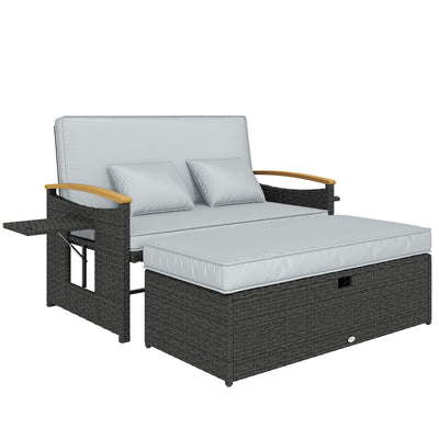 Outsunny Double Garden Rattan Daybed, Wicker Sun Bed Chaise Lounger with Storage Ottoman, 4-Level Adjustable Backrest, Dark Grey 