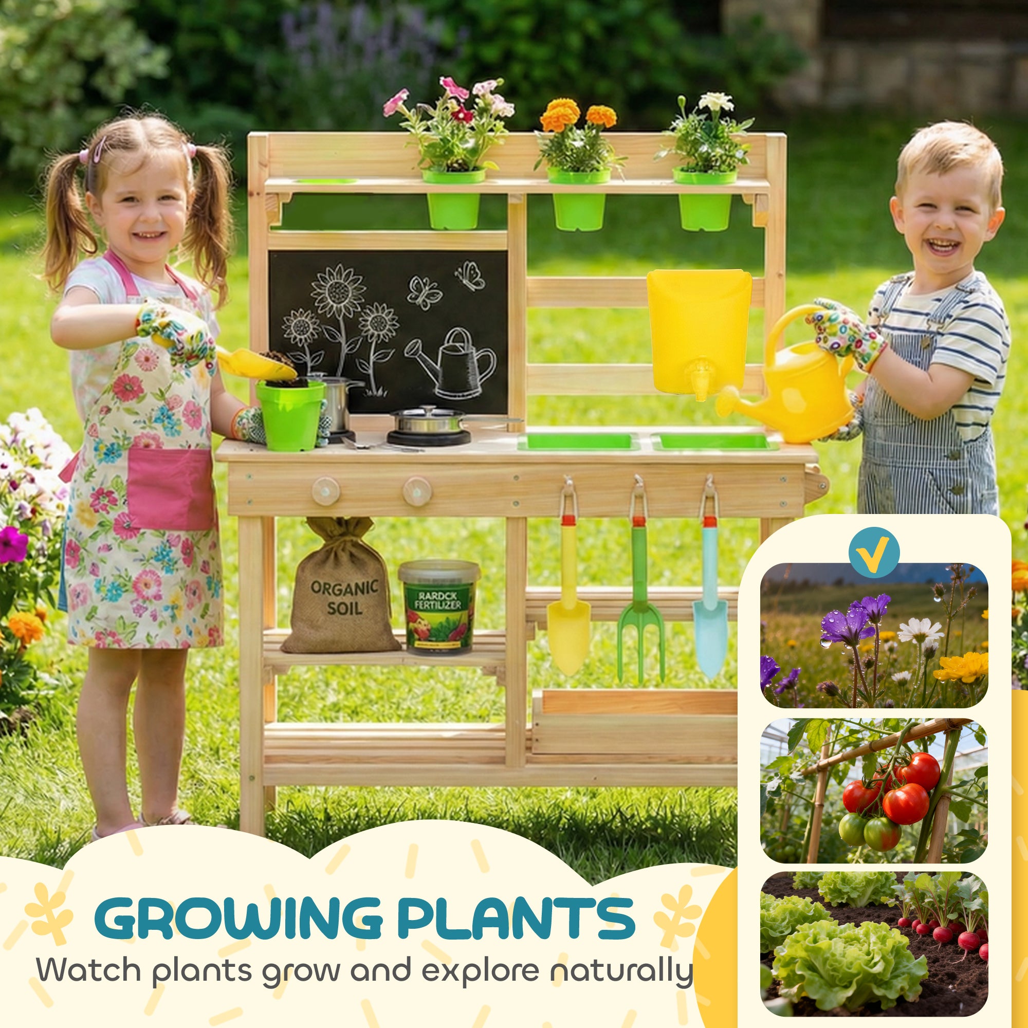 AIYAPLAY Kids Mud Kitchen, Outdoor Wooden Play Kitchen with Kitchenware & Garden Tools, Pretend Play Outdoor Toys, Natural 