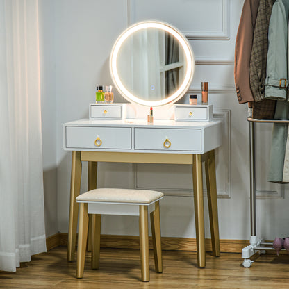 HOMCOM Dressing Table Set with Mirror, Built-in 3 Color LED Light, Vanity Makeup Table with 4 Drawers and Cushioned Stool for Bedroom, White 