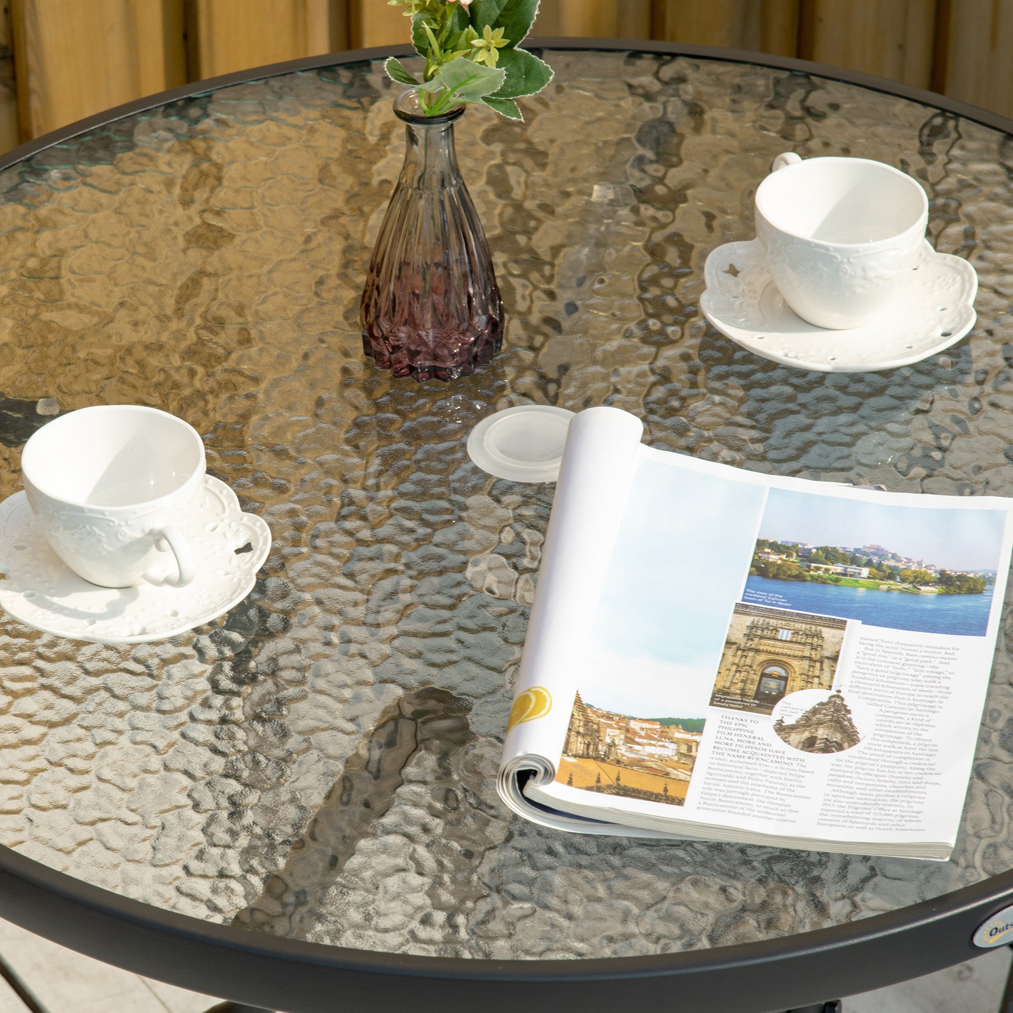 Outsunny Outdoor φ80cm Round Dining Table Tempered Glass Top Steel Frame Bistro Coffee End Side Table Garden w/ Parasol Hole 