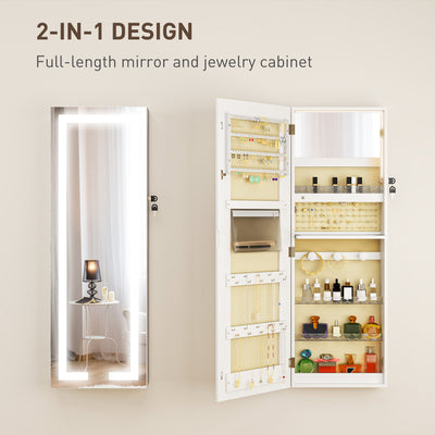 HOMCOM LED Mirror Jewellery Cabinet, Wall Mounted Full Length Mirror with Storage, Lockable Jewellery Organiser, White