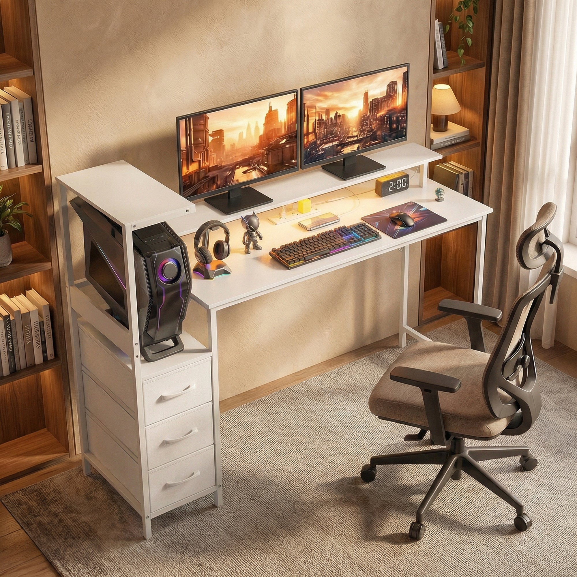 HOMCOM 147cm Gaming Desk with Charging Station and Monitor Stand, Computer Table for Home Office with RGB Lights, White 