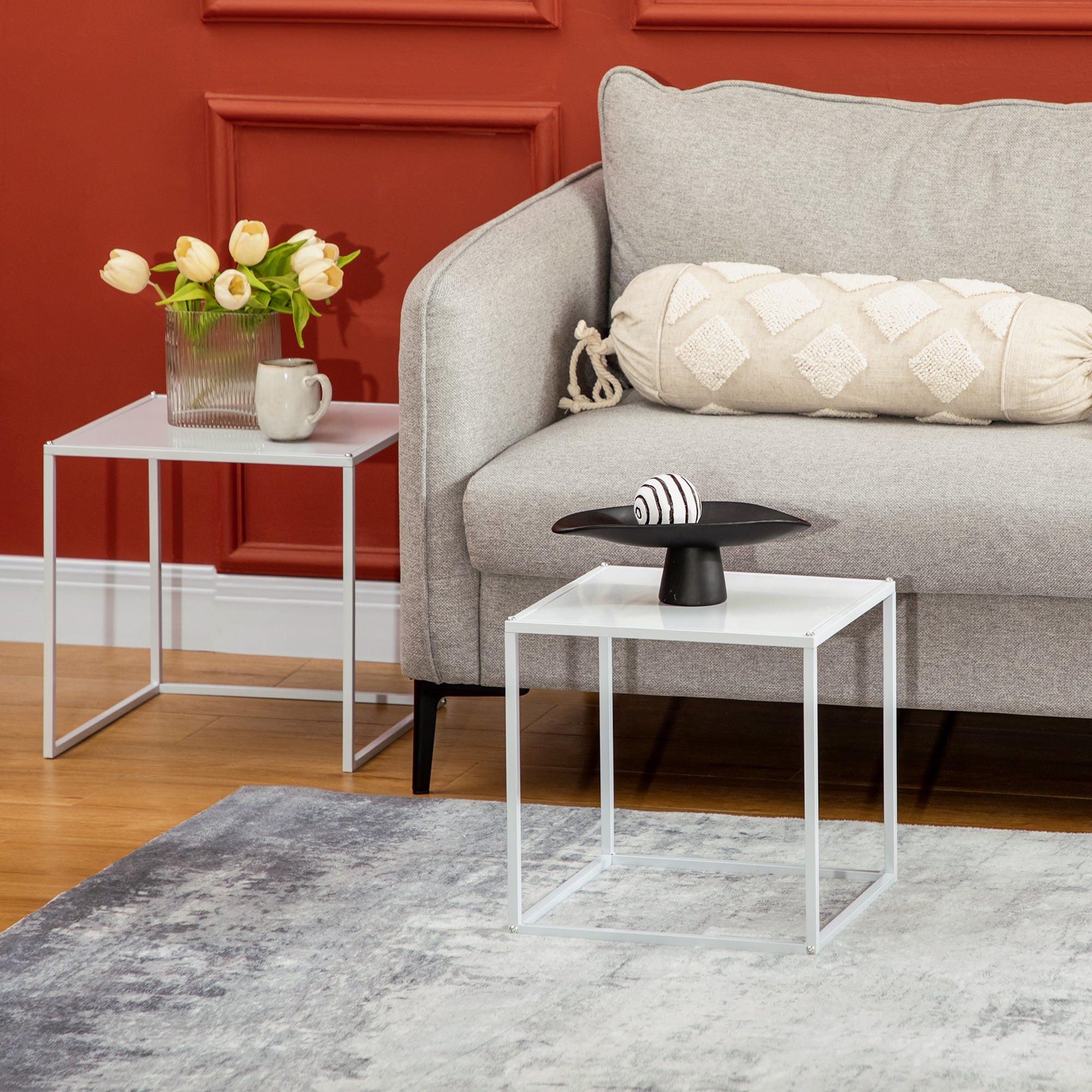 HOMCOM Square Nesting Coffee Table Set of 2, Modern Nest of Tables, Sofa Side Tables with Steel Frame for Living Room, Bedroom, Small Space, White