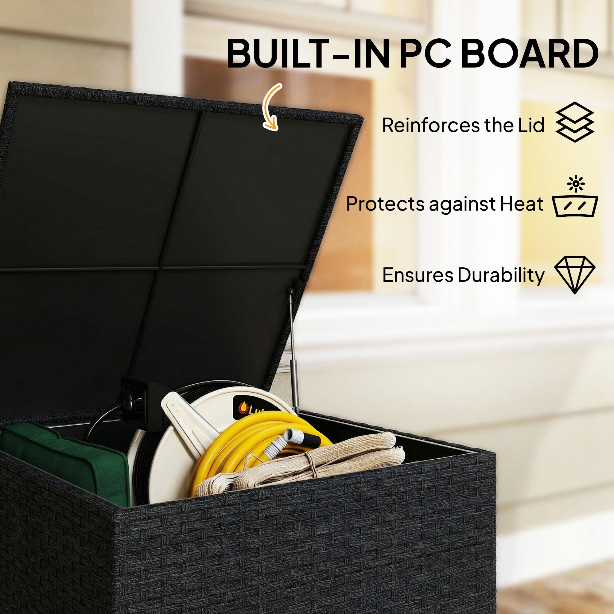 Outsunny 253L Garden Storage Box, Rattan Deck Box with Zipped Liner, Safe Pneumatic Rod, Patio Storage Container, Black 