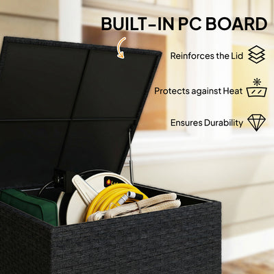 Outsunny 253L Garden Storage Box, Rattan Deck Box with Zipped Liner, Safe Pneumatic Rod, Patio Storage Container, Black 