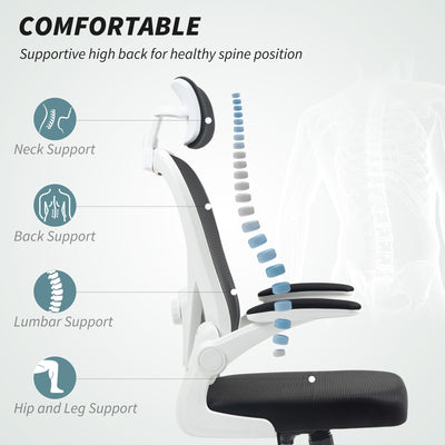 HOMCOM Executive Office Chair, Ergonomic Mesh High Back Desk Chair with Flip-up Armrest, Rotatable Headrest, Adjustable Lumbar Support, Swivel Computer Chair for Home Study, Black 