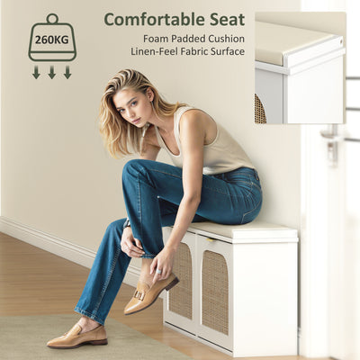 HOMCOM Boho Shoe Bench with Padded Seat and 2 Flip-Drawers - White 