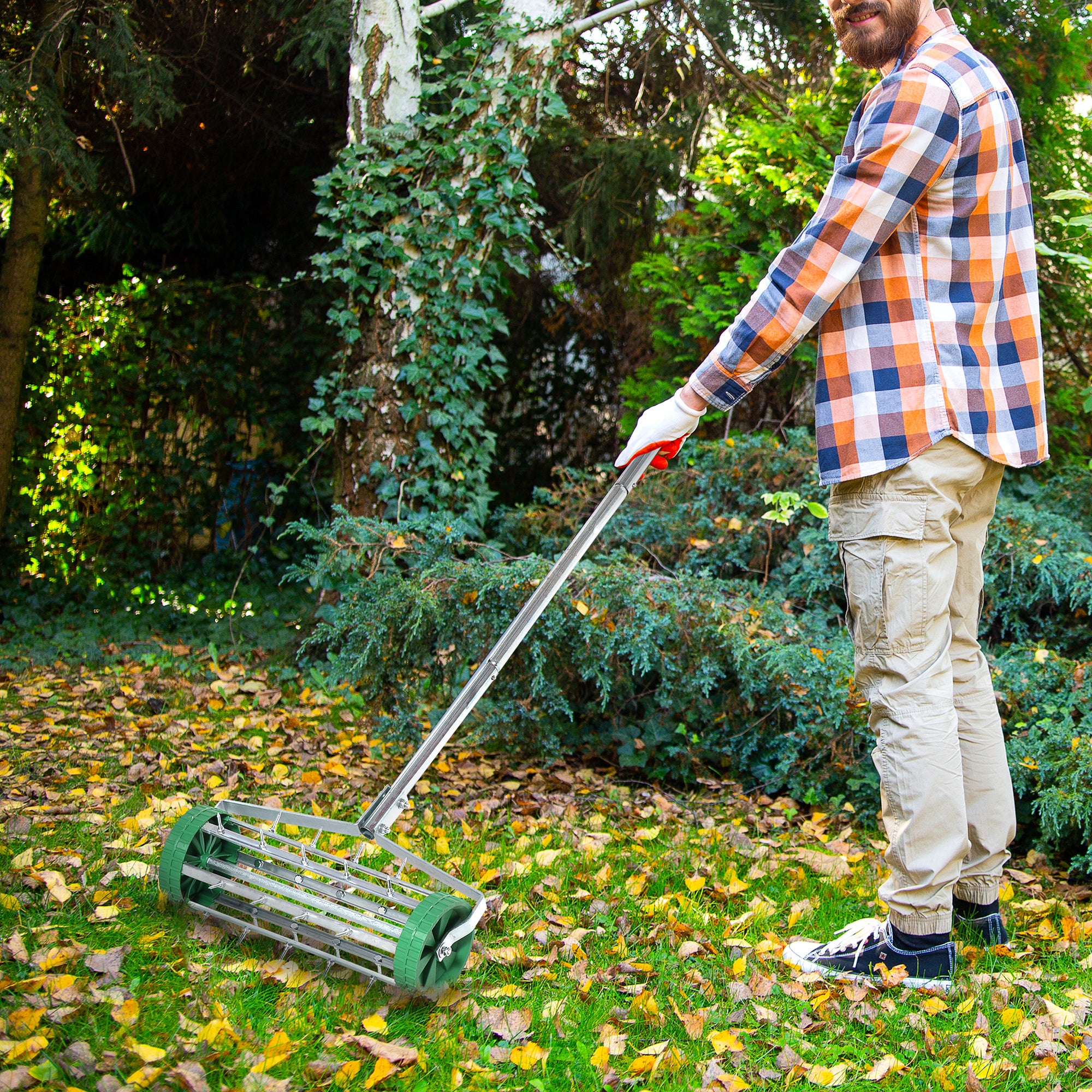 Outsunny Garden Rolling Lawn Aerator Heavy Duty Steel Grass Roller w/ Adjustable Handle 