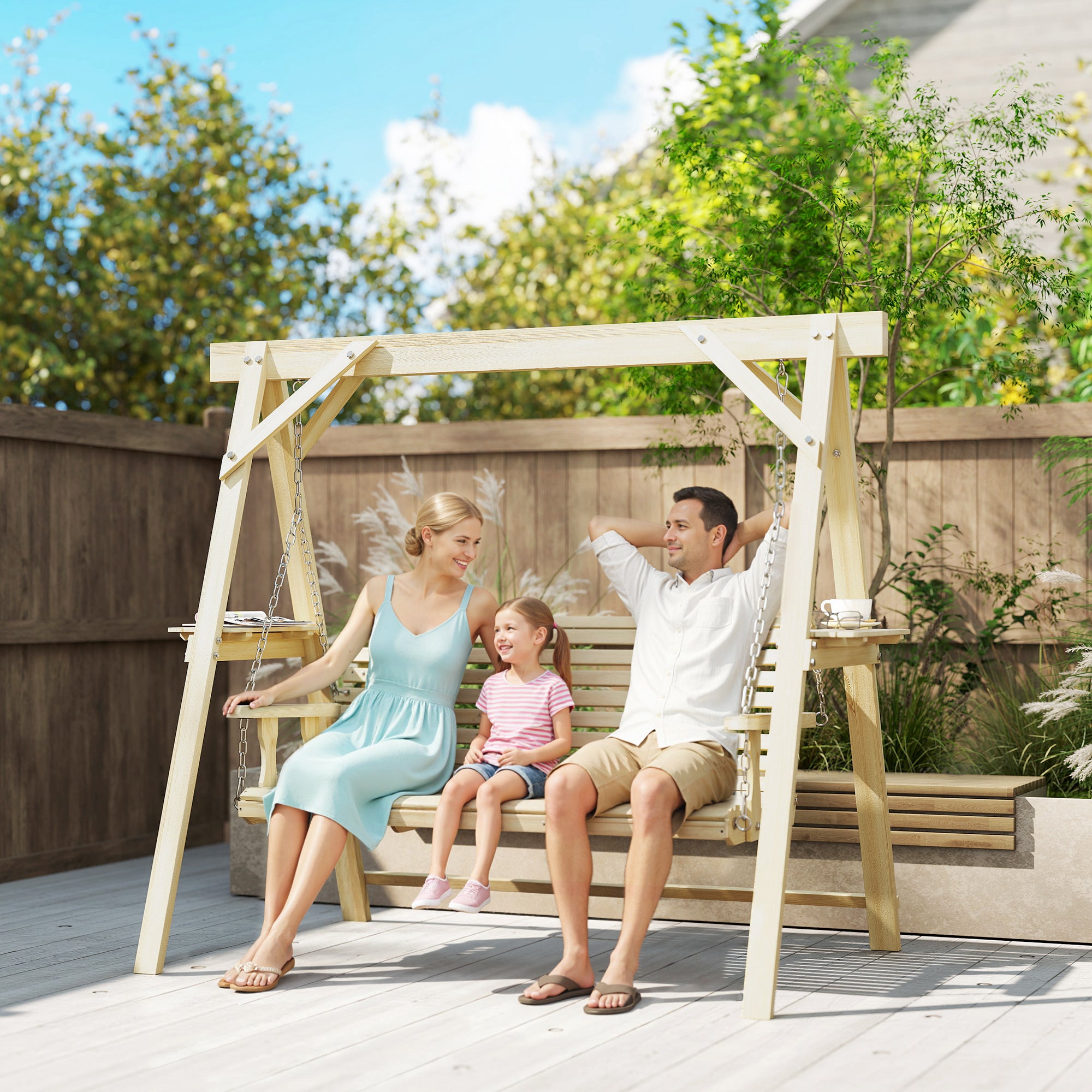 Outsunny Three-Seater Wooden Swing Bench 