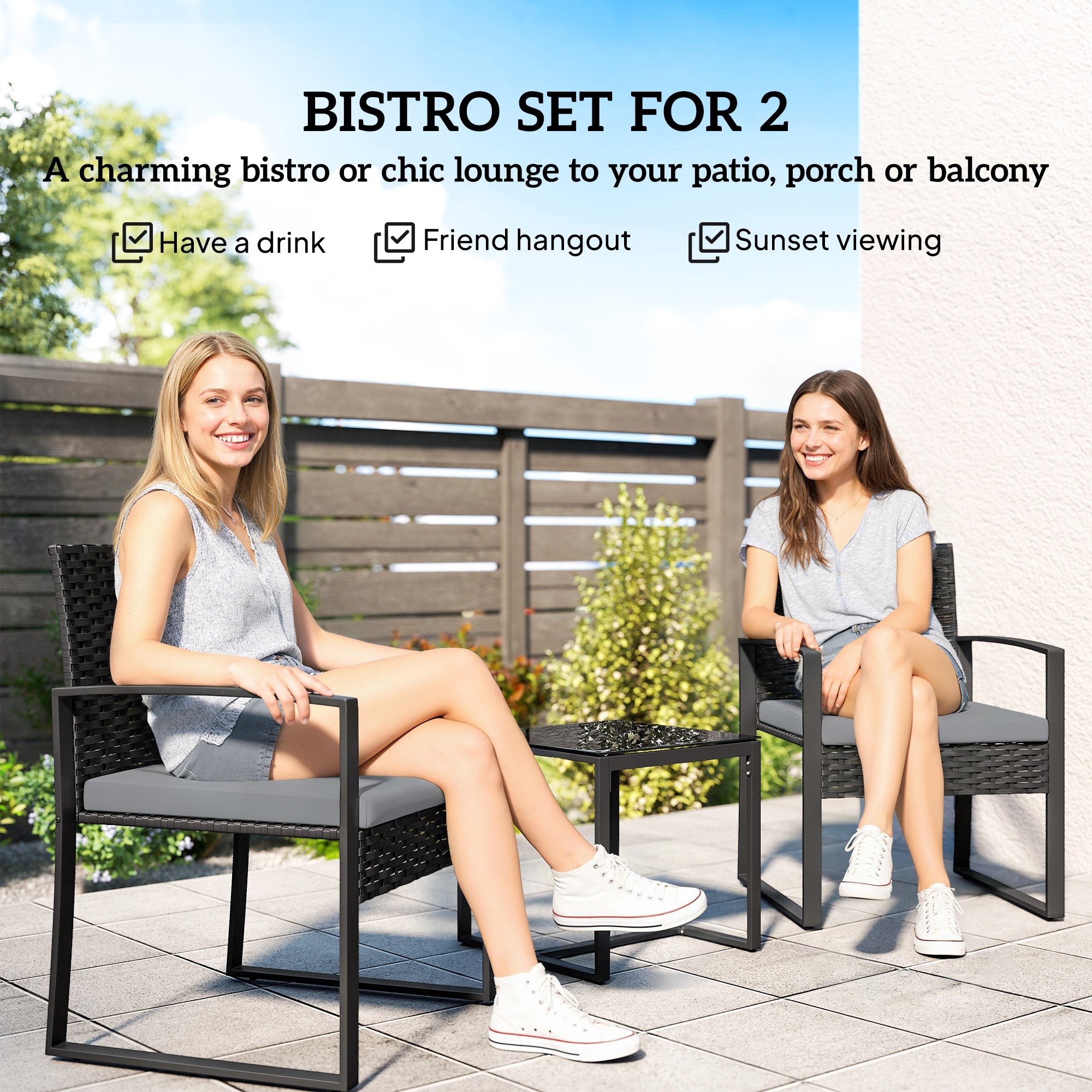 Outsunny Rattan Bistro Set, 3 Piece Garden Furniture Set with Glass Top Table and Cushions, Light Grey 