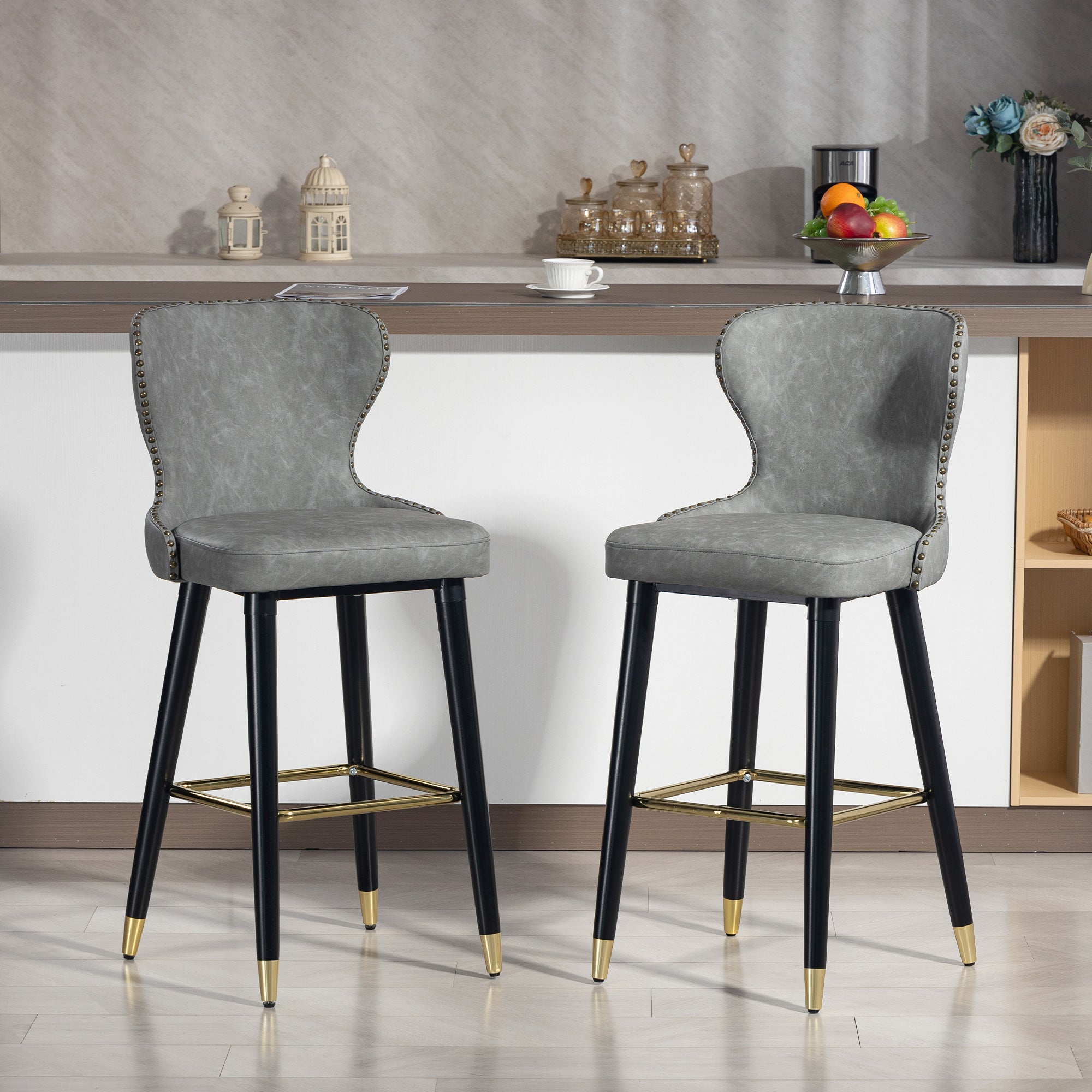HOMCOM Bar Stools Set of 2, PU Leather Barstools with Back, Footrest and Wood Legs for Kitchen, Counter, Breakfast Bar, Grey 