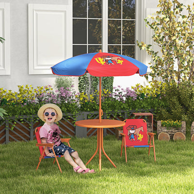 Outsunny Kids Picnic Table and Chair Set, Cowboy Themed Outdoor Garden Furniture w/ Foldable Chairs, Adjustable Parasol 