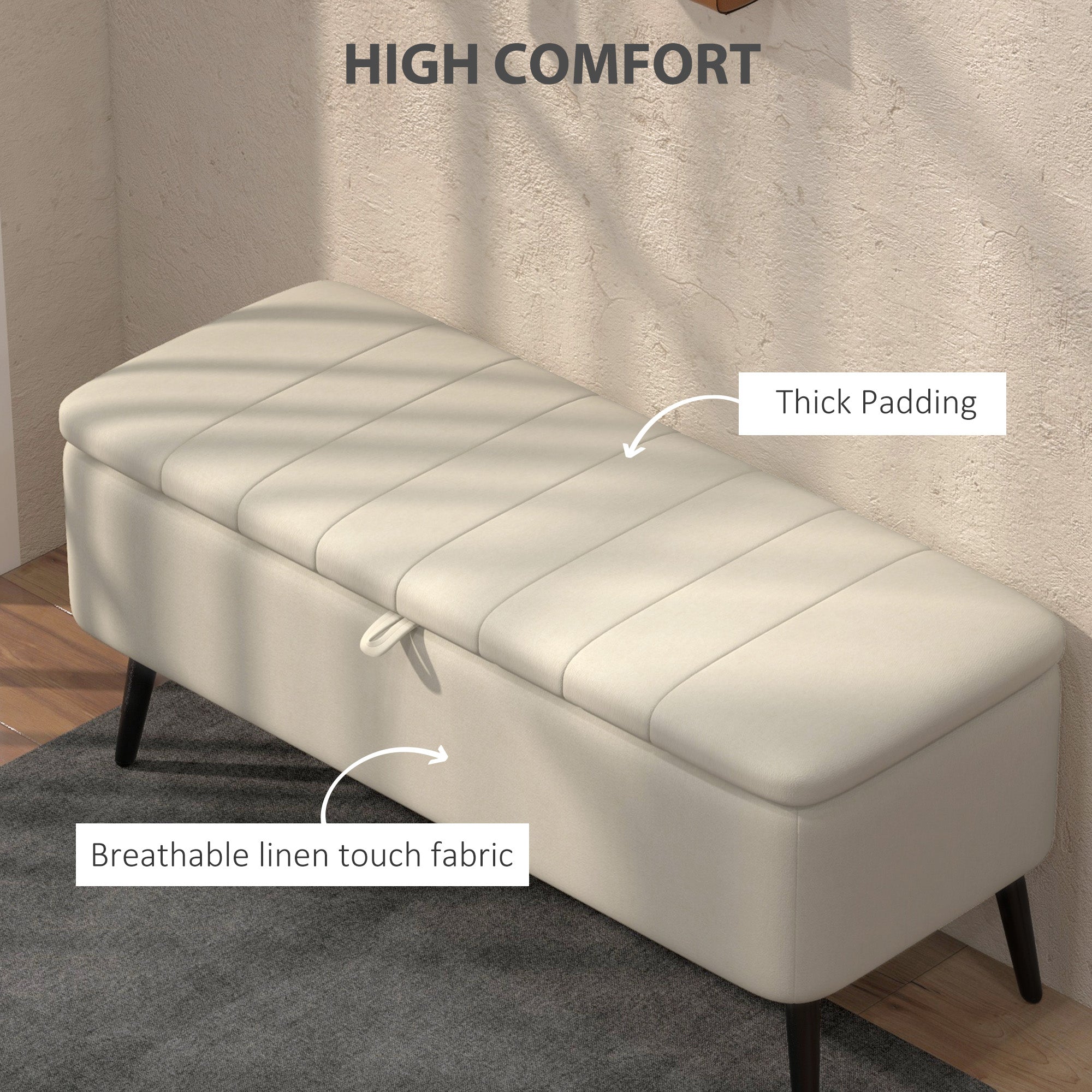 HOMCOM Linen-Look 92 x 31cm Storage Ottoman - Cream White 