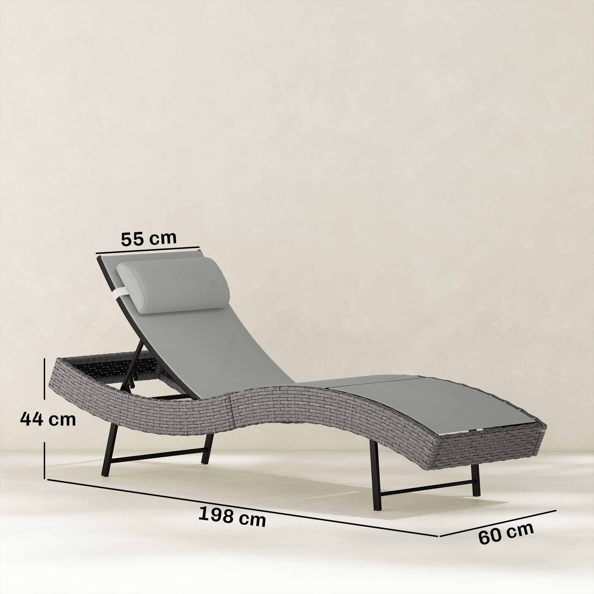Outsunny Rattan Sun Lounger, Garden Recliner with 5 Position Adjustable Back, S Shaped Texteline Seat, Headrest, Light Grey 