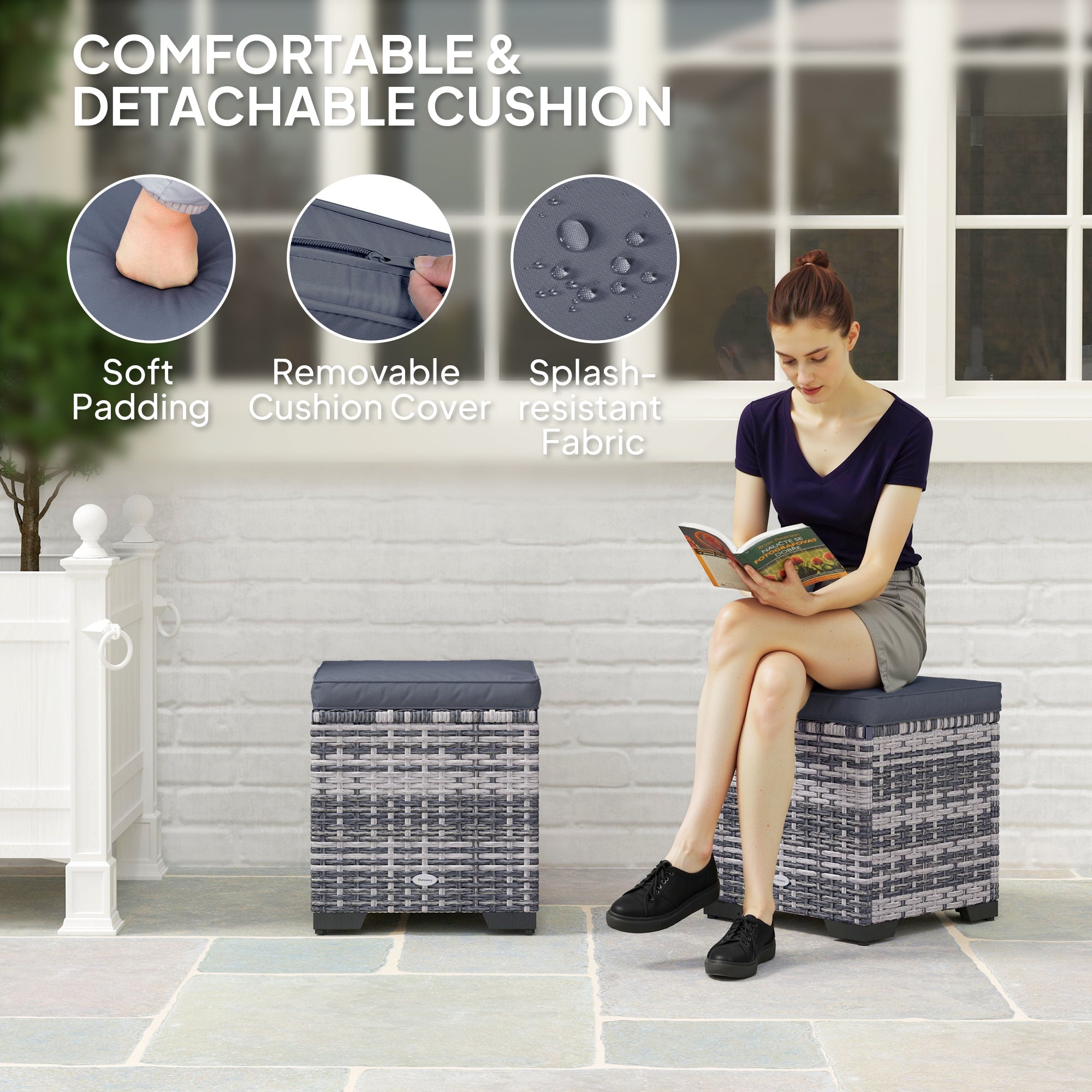 Outsunny Set of 2 Rattan Storage Ottoman, Outdoor Footstool with Removable Cushions, Garden Storage Seat for Balcony, Poolside, Living Room, Dark Grey 