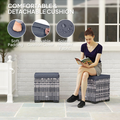 Outsunny Set of 2 Rattan Storage Ottoman, Outdoor Footstool with Removable Cushions, Garden Storage Seat for Balcony, Poolside, Living Room, Dark Grey 