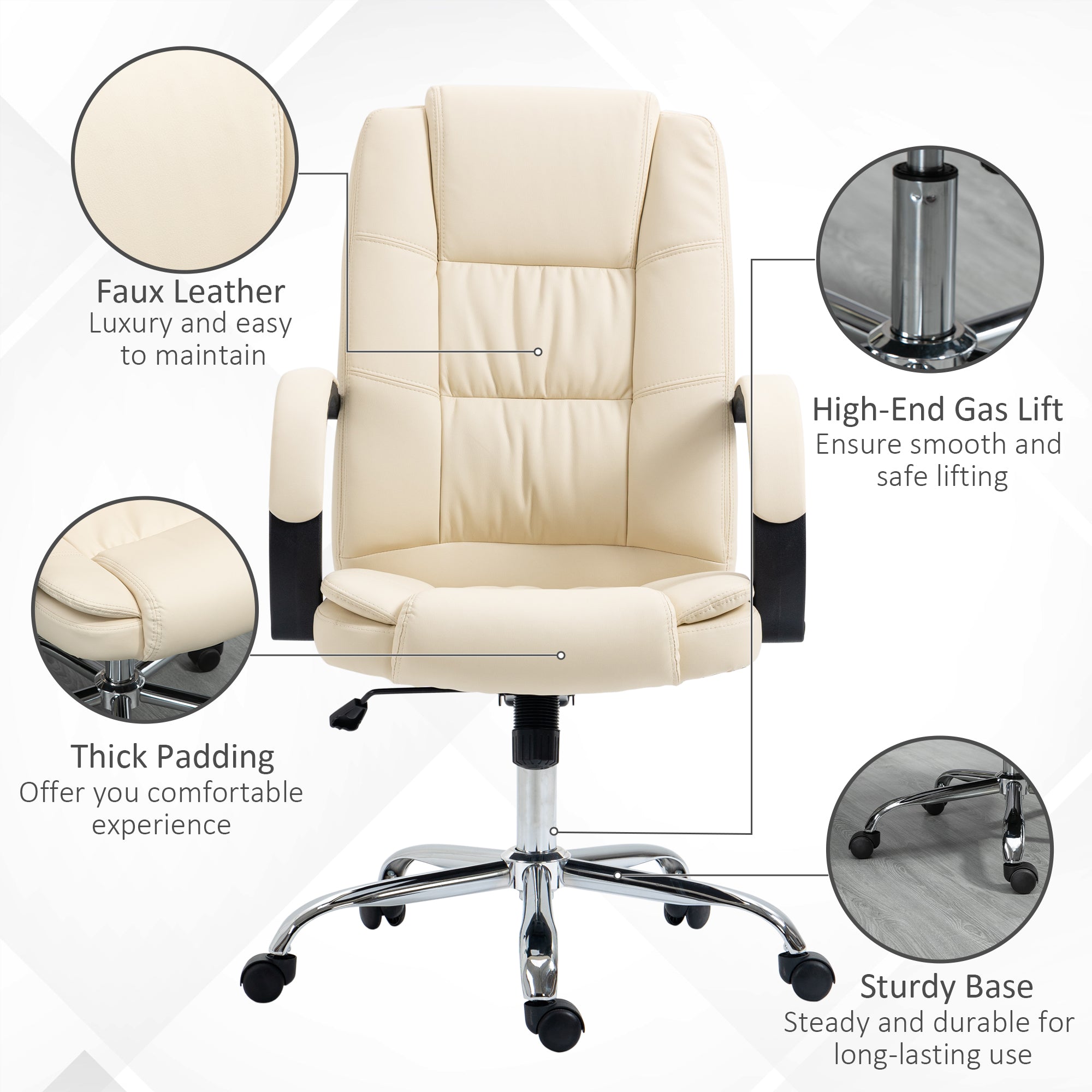 Vinsetto Office Chair, PU Leather Desk Chair with 13cm Soft Padded Seat and Backrest, Swivel Chair with Adjustable Height and Rolling Wheels, Beige 