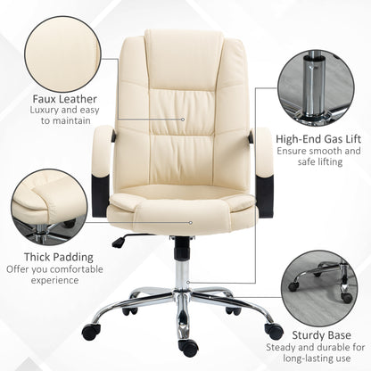 Vinsetto Office Chair, PU Leather Desk Chair with 13cm Soft Padded Seat and Backrest, Swivel Chair with Adjustable Height and Rolling Wheels, Beige 