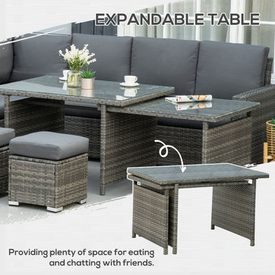 Outsunny Seven-Piece Rattan Garden Sofa Set, with Expanding Table - Grey 