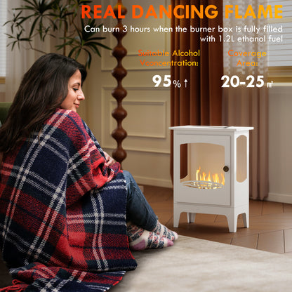 HOMCOM Freestanding Ethanol Fireplace, Steel Bioethanol Fireplace with Stainless Steel Flame Snuffer, 1.2L Tank, 3 Hours Burning Time for Indoor, White