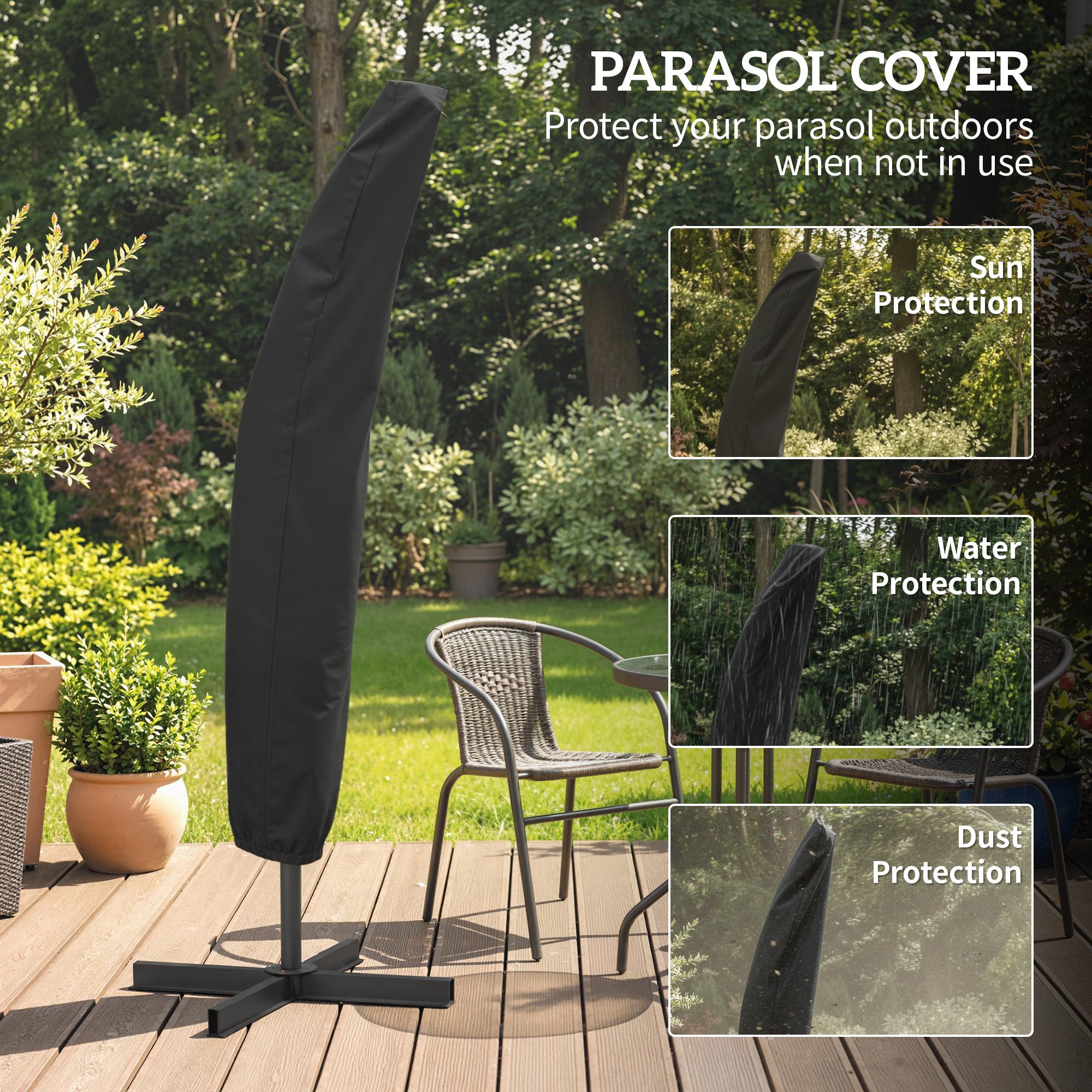 Outsunny 3m Overhanging Parasol, with Base, Weights and Cover - Black 