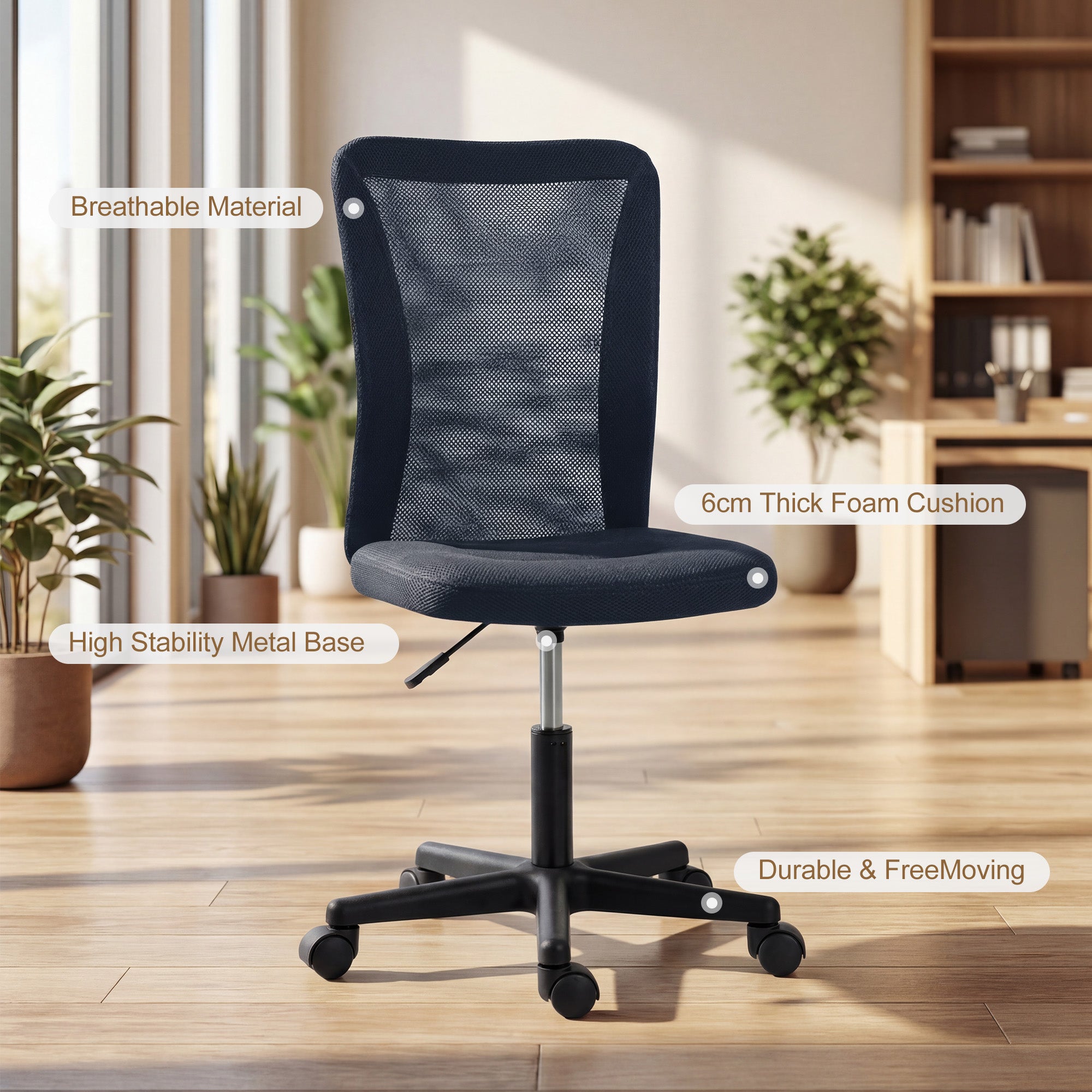 Vinsetto Computer Desk Chair, Mesh Office Chair with Adjustable Height and Swivel Wheels, Armless Study Chair, Dark Grey 