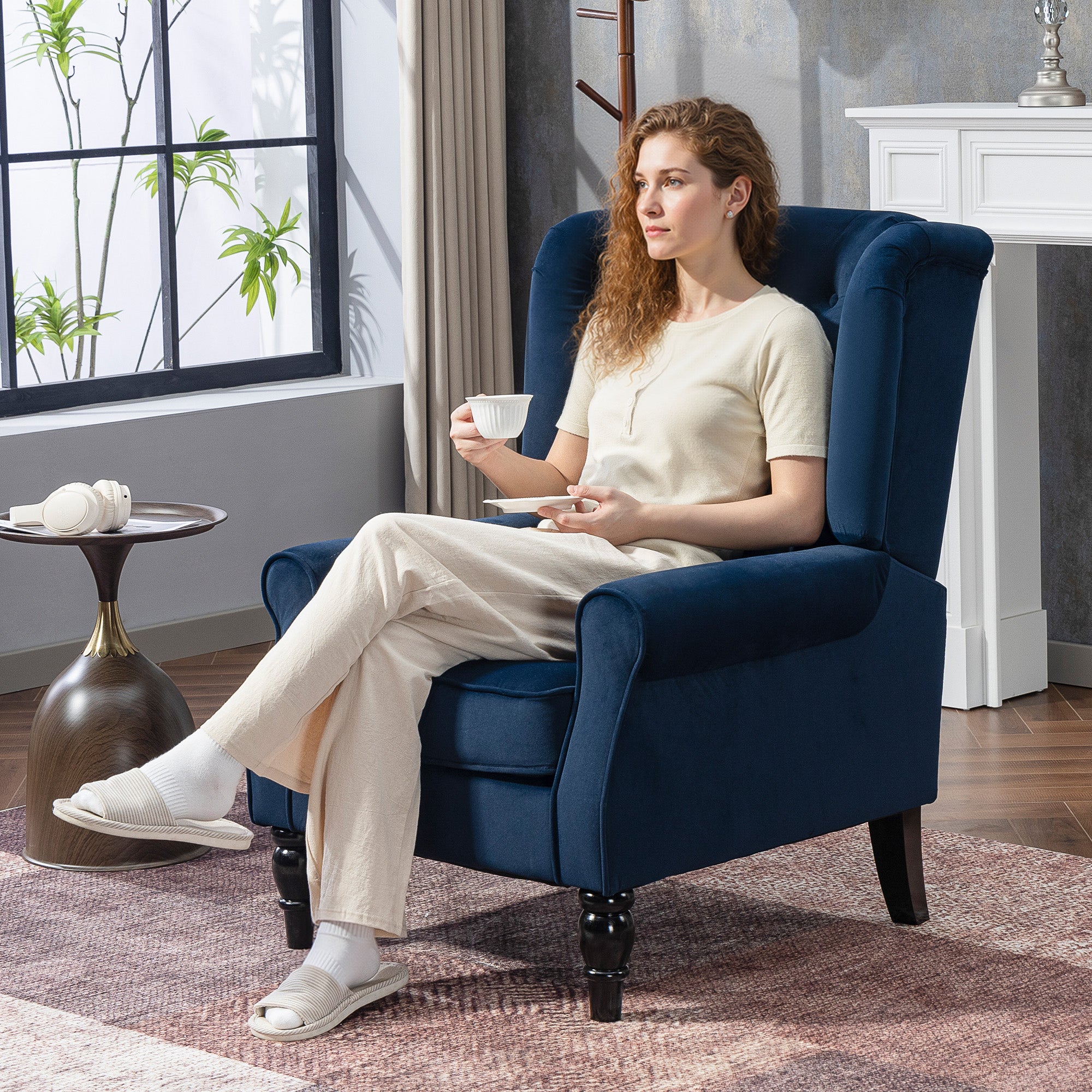 HOMCOM Wingback Accent Chair, Retro Upholstered Button Tufted Occasional Chair for Living Room and Bedroom, Dark Blue 