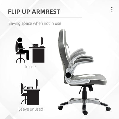 Vinsetto Computer Gaming Chair, Office Desk Swivel Chair, PU Leather Racing Chair with 90\'c2\'b0 Flip-up Armrest, Adjustable Height and Rolling Wheels, Grey 