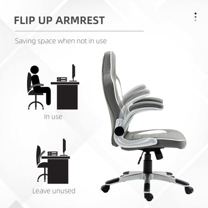 Vinsetto Computer Gaming Chair, Office Desk Swivel Chair, PU Leather Racing Chair with 90\'c2\'b0 Flip-up Armrest, Adjustable Height and Rolling Wheels, Grey