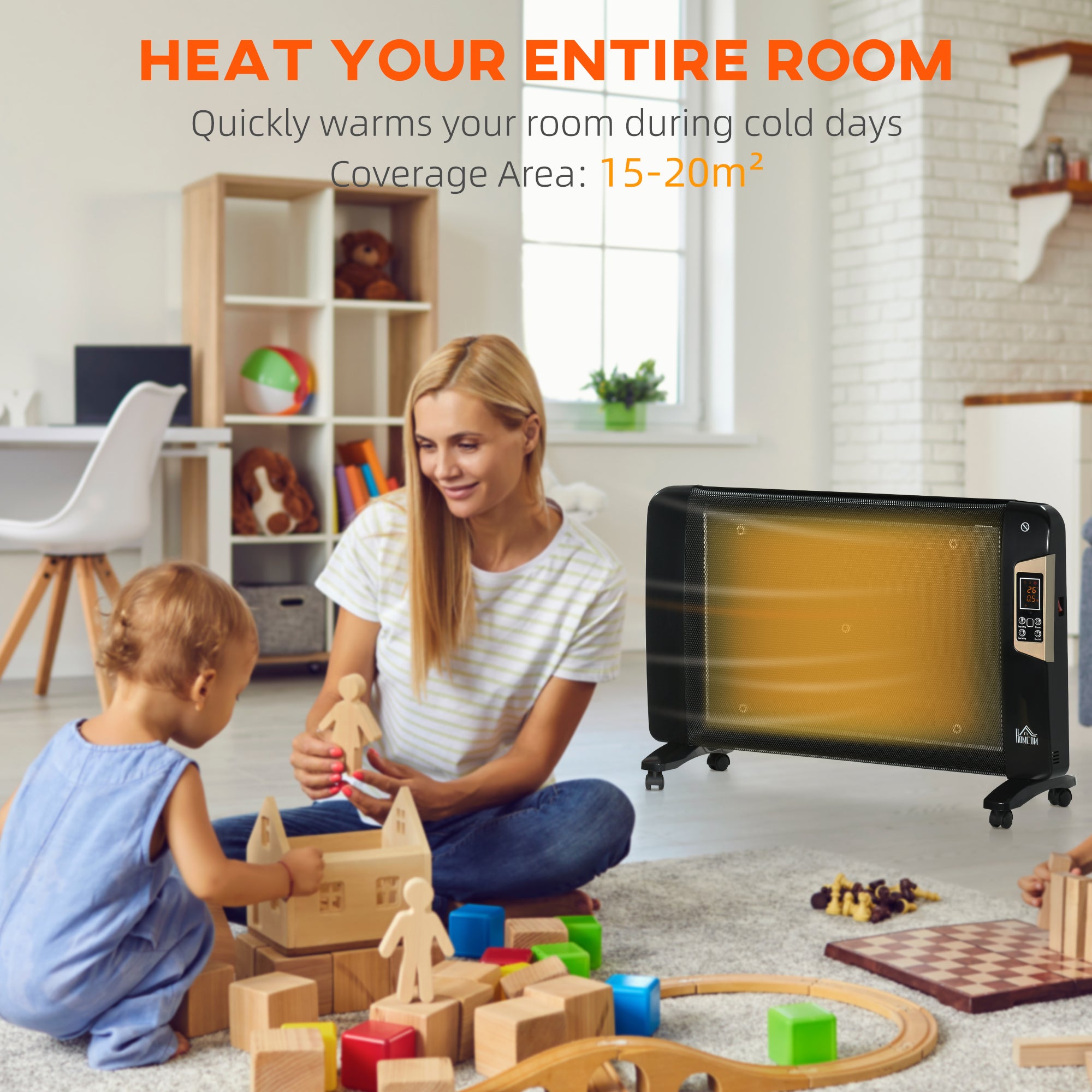 HOMCOM Mica Electric Space Heater, Portable Heater for Home with 2 Heat Settings, Living Room, Study, Garage, Adjustable Temperature 18-30\'c2\'b0C, 1000W/2000W, Black