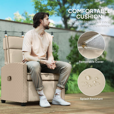 Outsunny Rattan Garden Recliner Chair, Adjustable Backrest Reclining Rattan Chair with Flip Table, Cushion and Footrest, Indoor Outdoor Lounge Reclining Sun Lounger for Patio, Yellow/Beige 