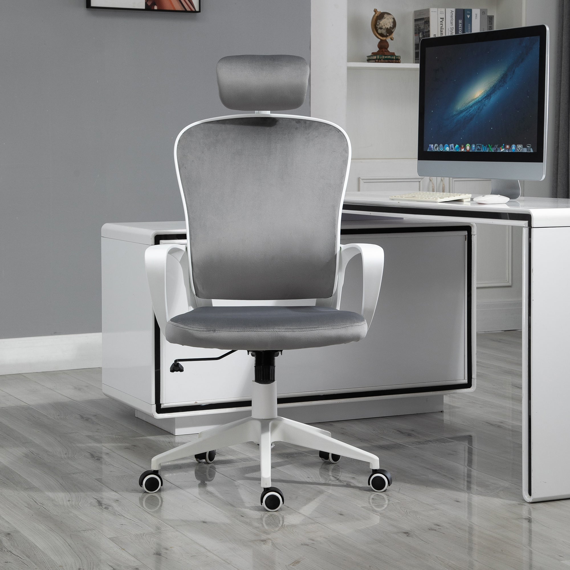 Vinsetto Office Chair, Ergonomic Desk Chair, High Back Velvet Fabric Computer Chair with Adjustable & Liftable Headrest for Home, Grey 