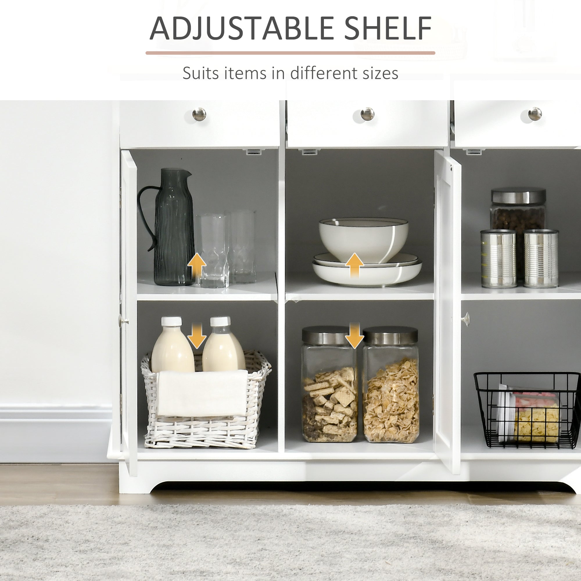 HOMCOM Modern Sideboard with Rubberwood Top, Buffet Cabinet with Storage Cabinets, Drawers and Adjustable Shelves for Living Room, Kitchen, White 