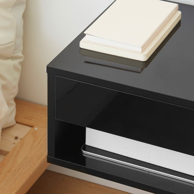 HOMCOM 2 Pieces Bedside Table Wall Mounted Nightstand with Drawer and Shelf for Bedroom, 37 x 32 x 21cm, High Gloss Black 