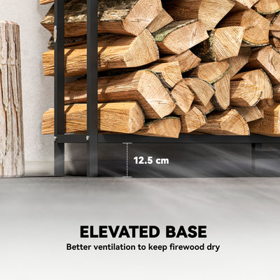 Outsunny 6.5 FT Steel Firewood Log Rack with 300 kg Capacity, Heavy Duty Indoor Outdoor Fireplace Wood Storage Shelf, Log Holder/Stand with Extra Support Legs, Decorative Bonfire Pattern, Black 