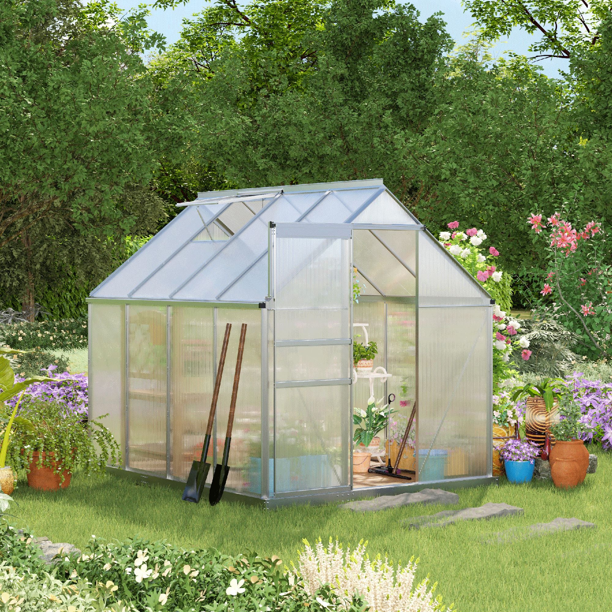 Outsunny 190 x 253 cm Walk-In Polycarbonate Greenhouse - Silver-Tone