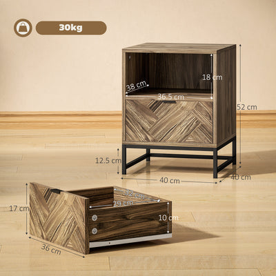 HOMCOM Bedside Table with Drawer and Shelf, Side End Table with Steel Legs for Living Room, Bedroom, Brown Wood Effect 