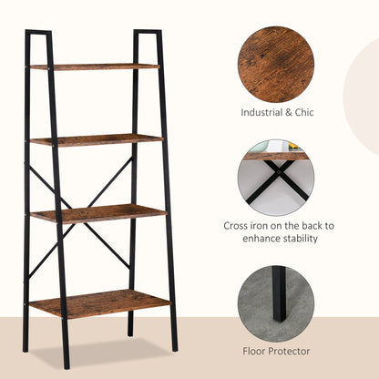 HOMCOM Bookcase 4-Tier Vintage Ladder Shelf with Wood Storage Rack, Stand Plants Display, Black and Brown 