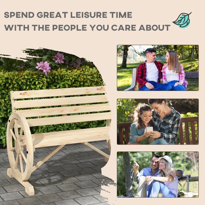 Outsunny Wagon Wheel Chair Bench Armrest Rustic Loveseat Wood Outdoor Garden, Natural 