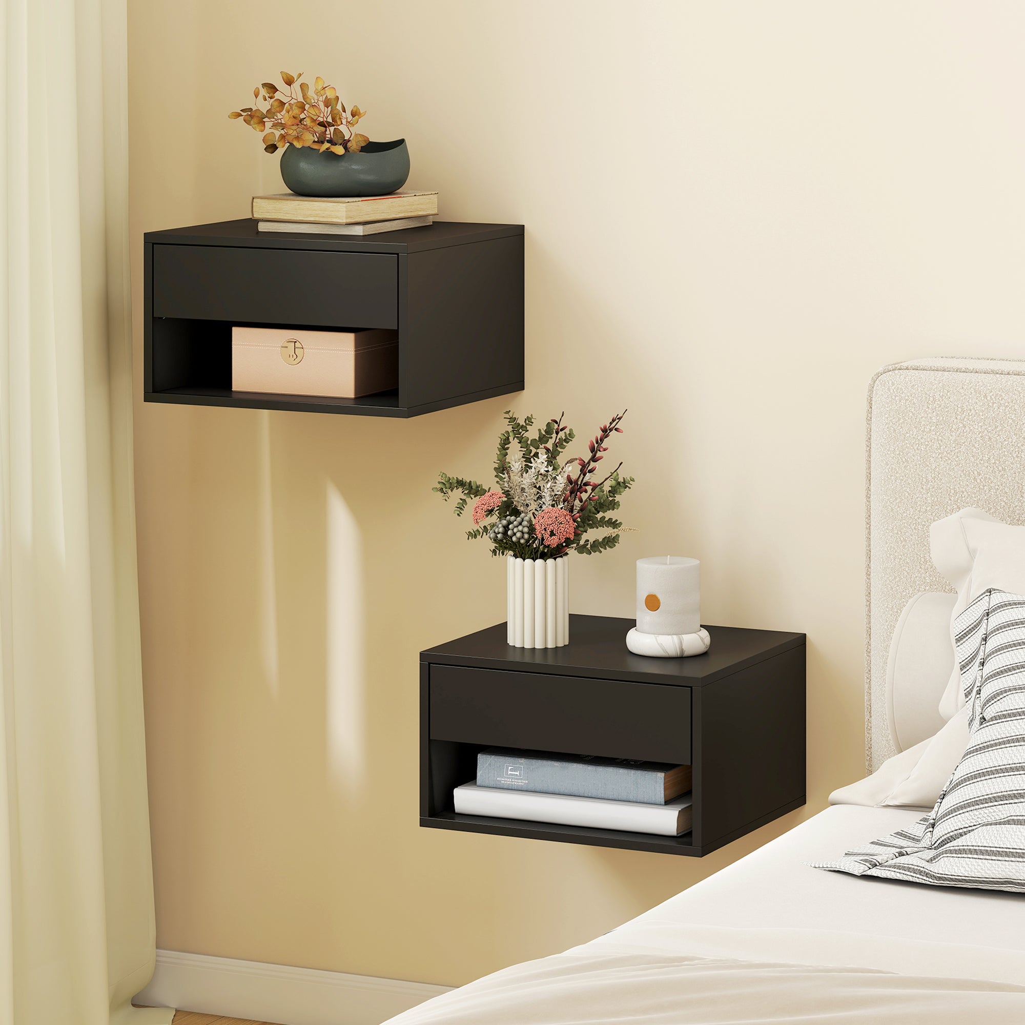 HOMCOM Floating Bedside Tables Set of 2, Wall Mounted Nightstand, Black 